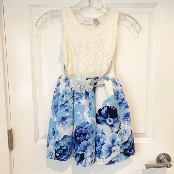 Girls The Children's Place Blue Floral Lace Belted Dress S Formal - Picture 1 of 8